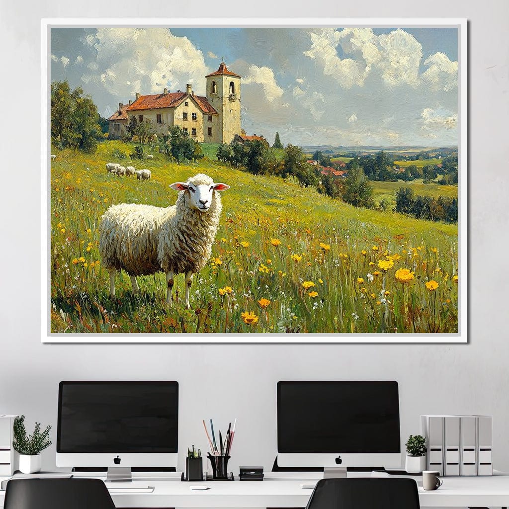 Meadow Sheep by the Countryside Canvas Wall Art