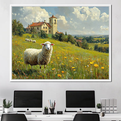 Meadow Sheep by the Countryside Canvas Wall Art