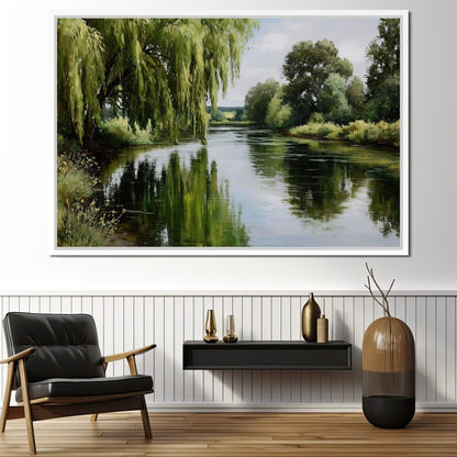 Willow Reflections Along Riverbank Canvas Wall Art