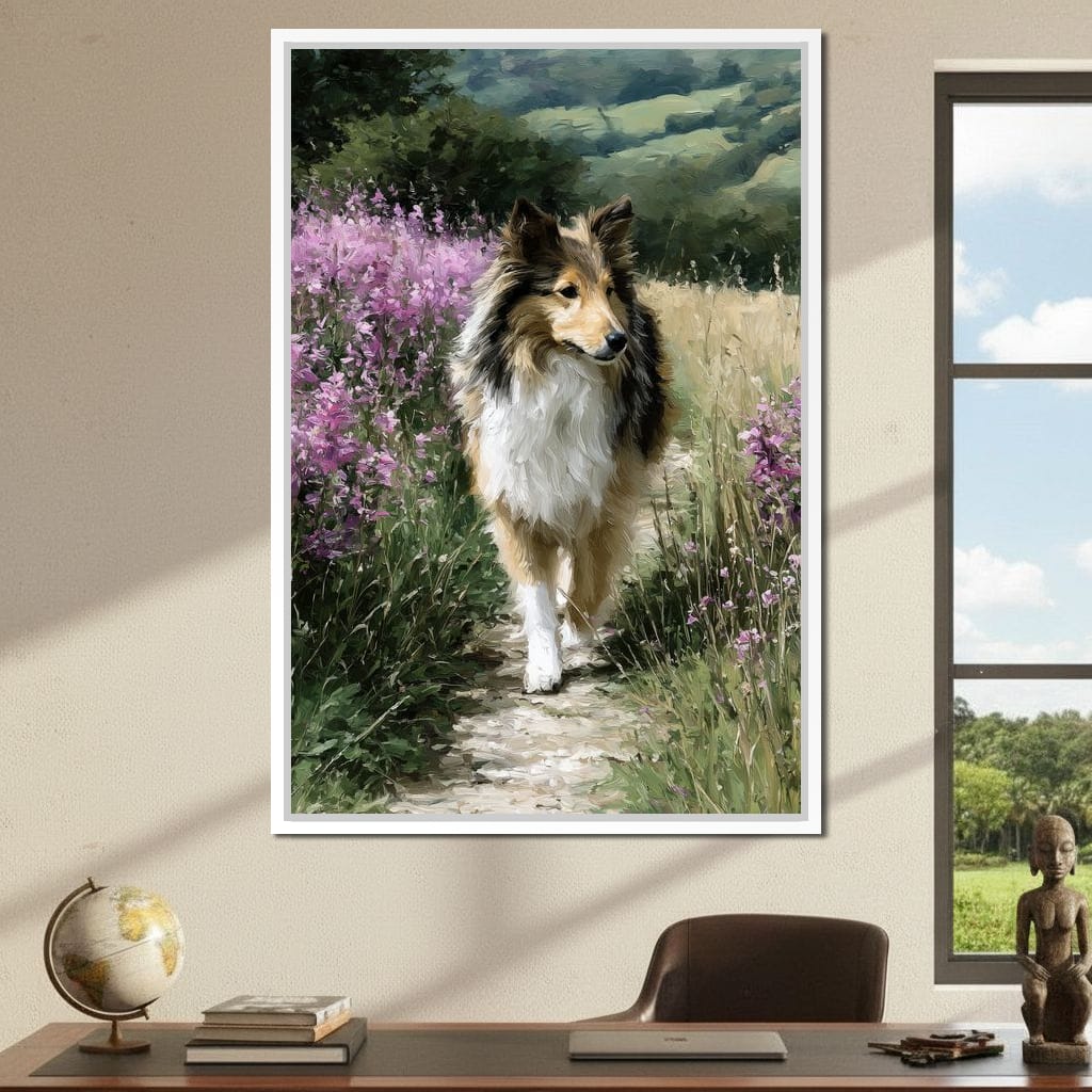 Sheltie Meadow Path Portrait Canvas Wall Art