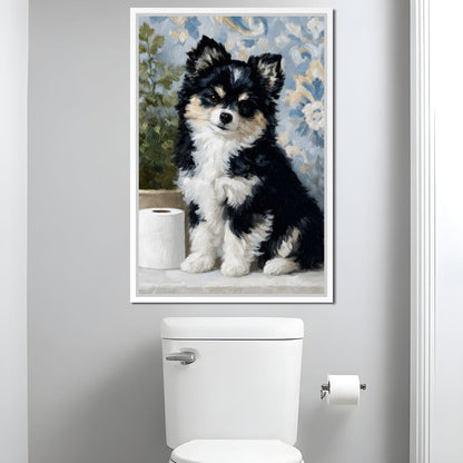Playful Puppy Bathroom Guard Canvas Wall Art