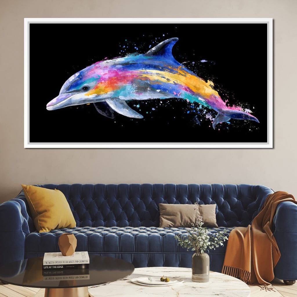 Rainbow Dolphin Splash Flight Canvas Wall Art