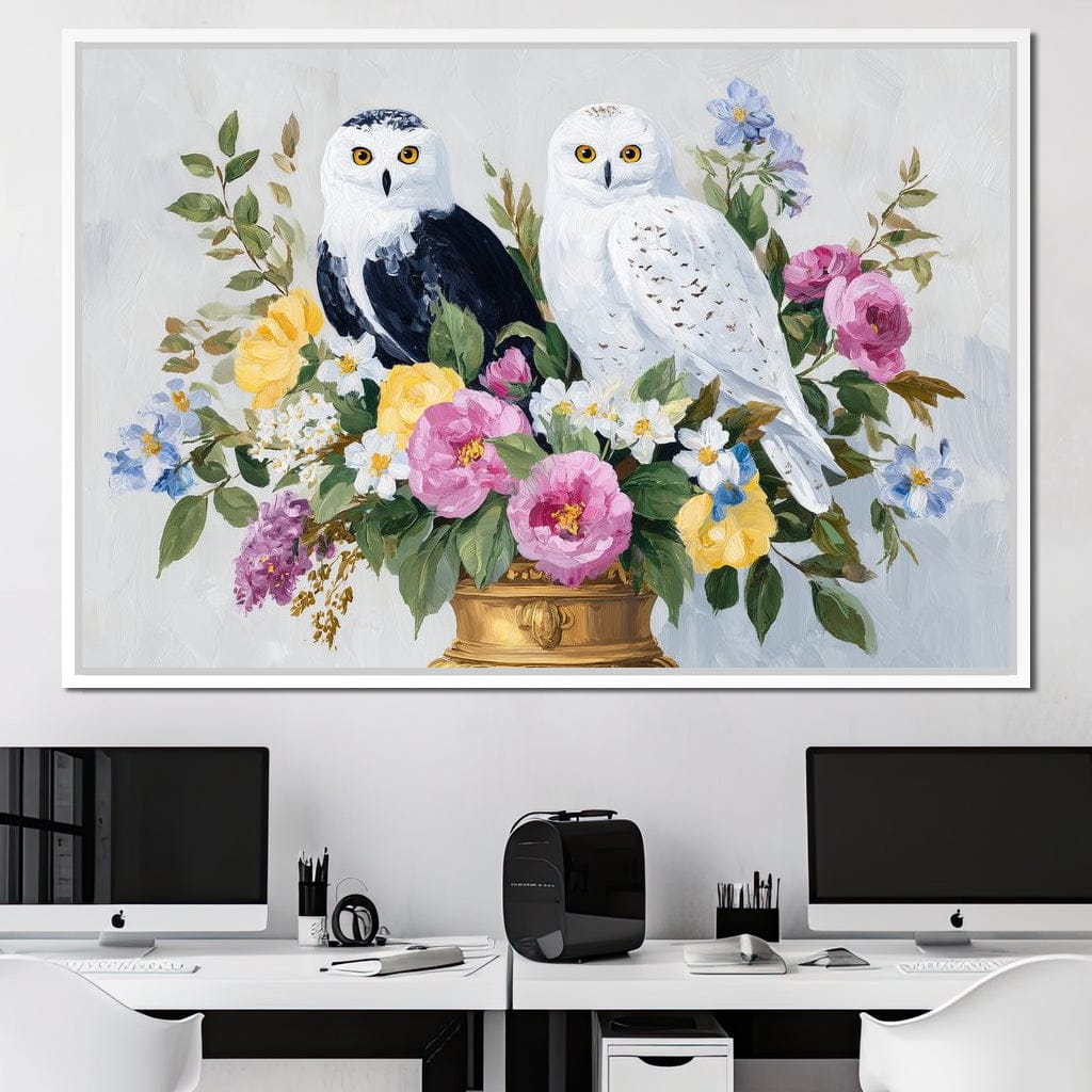 Snowy Owls Floral Canvas Wall Art