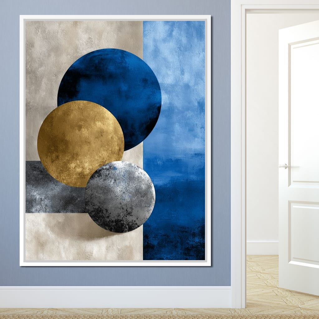 Modern Geometric Blue Gold Orbit Canvas Wall Art