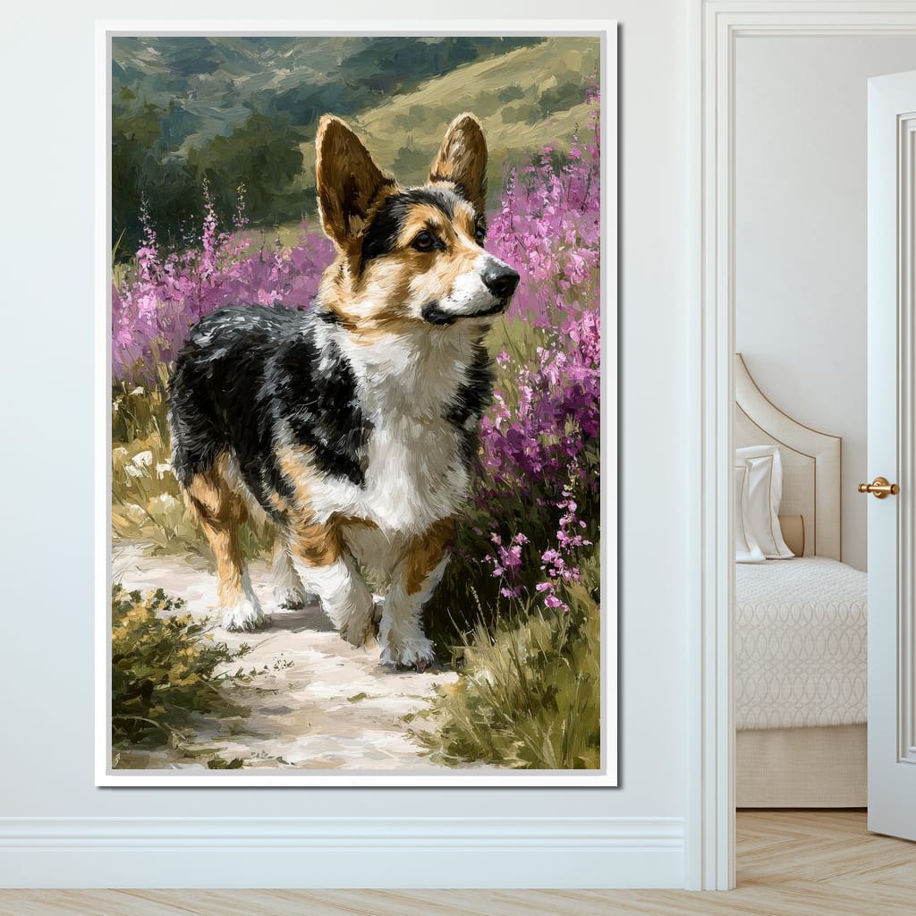 Corgi Along Heather Pathway Canvas Wall Art