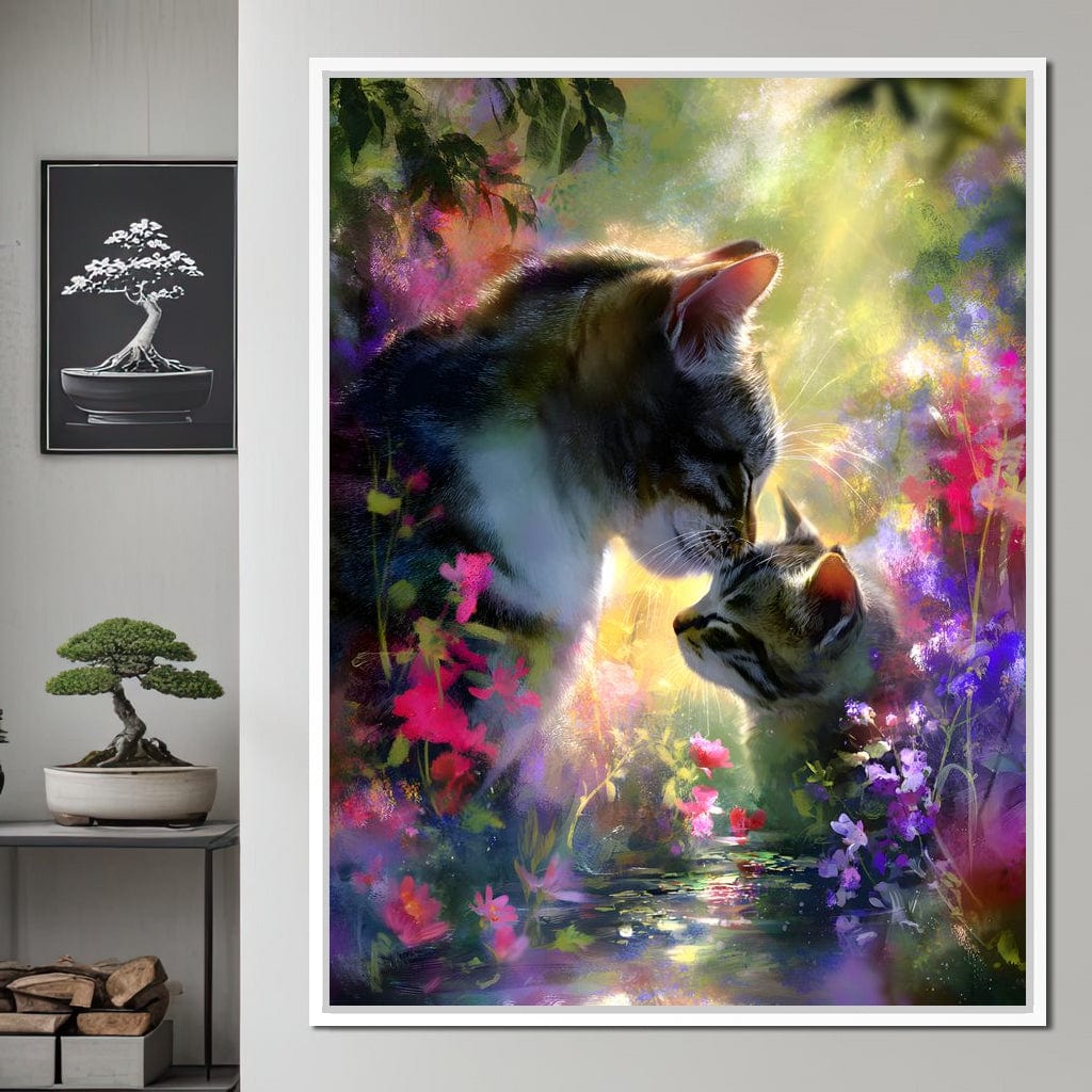 Gentle Cats Nuzzle Floral Dream Canvas Wall Art
