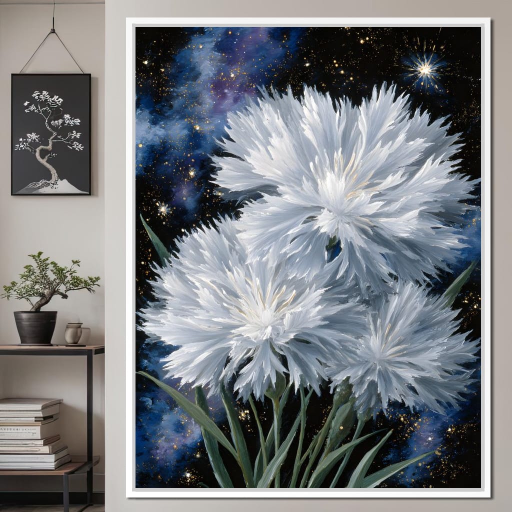 Starlit White Mum Bouquet Canvas Wall Art