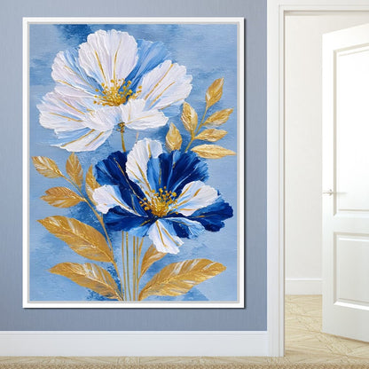 Blue White Peony Gold Leaf Canvas Wall Art