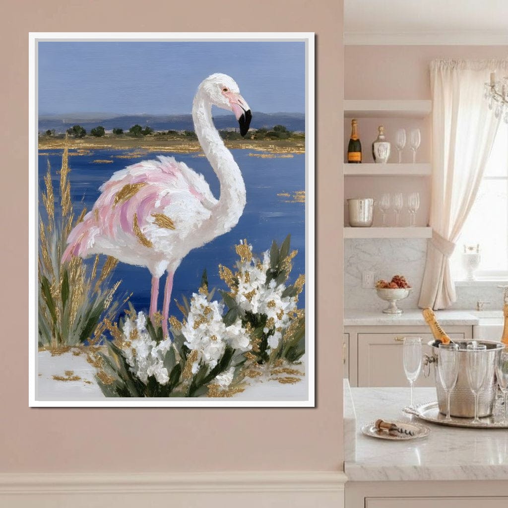Coastal Flamingo Gold Glint Canvas Wall Art