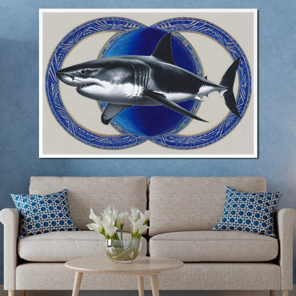 Great White Shark Emblem Blue Canvas Wall Art