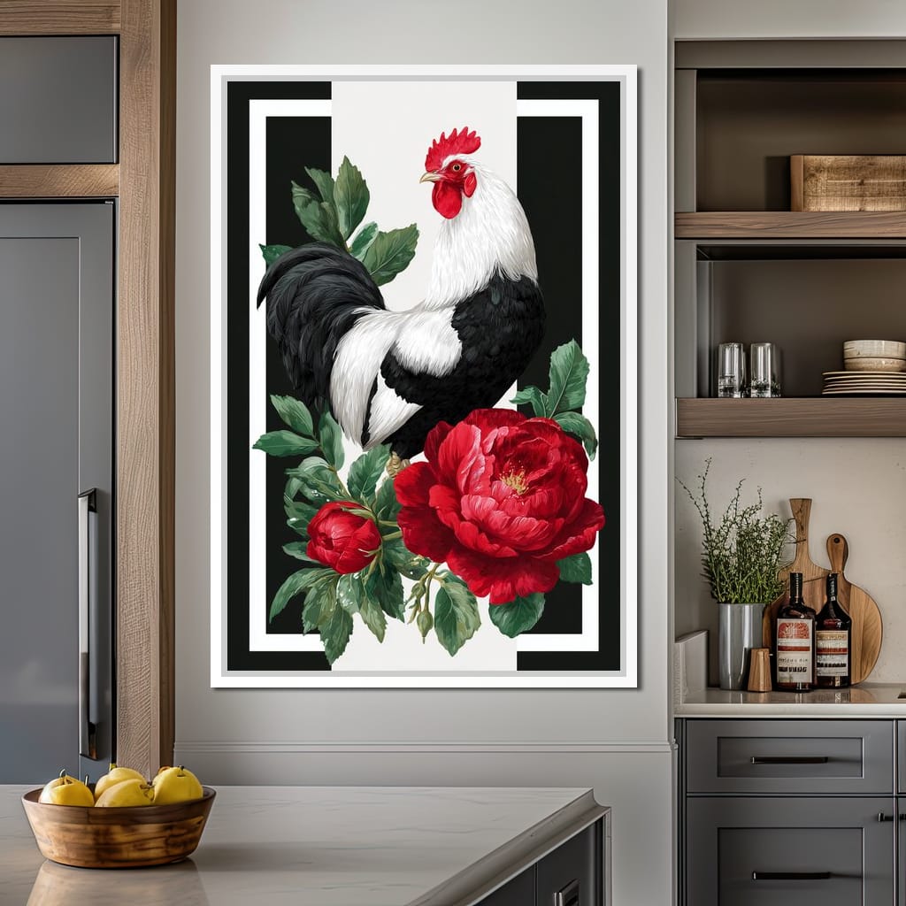 Rooster With Peony Garden Canvas Wall Art