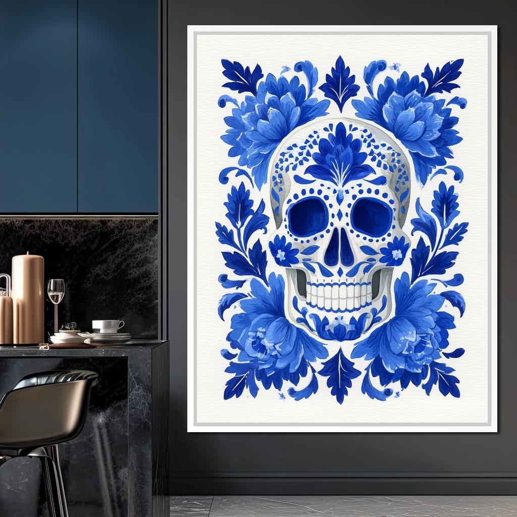 Blue Floral Sugar Skull Folkstyle Canvas Wall Art