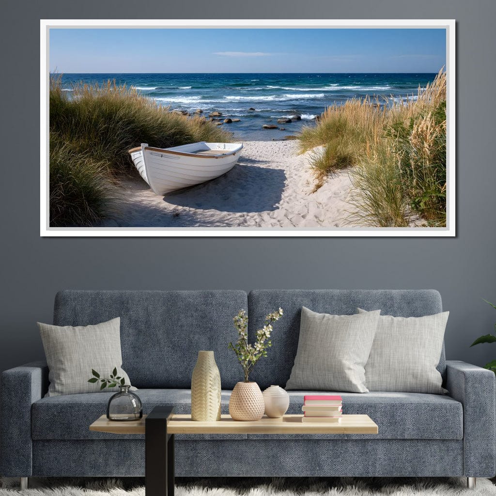 White Rowboat Coastal Dunes Canvas Wall Art
