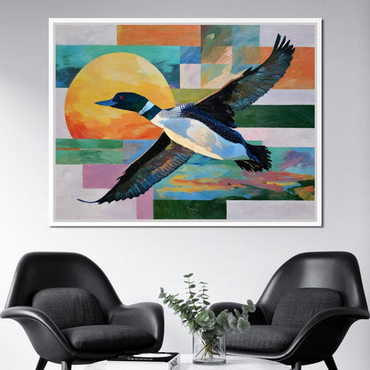 Flying Loon Over Golden Sun Canvas Wall Art