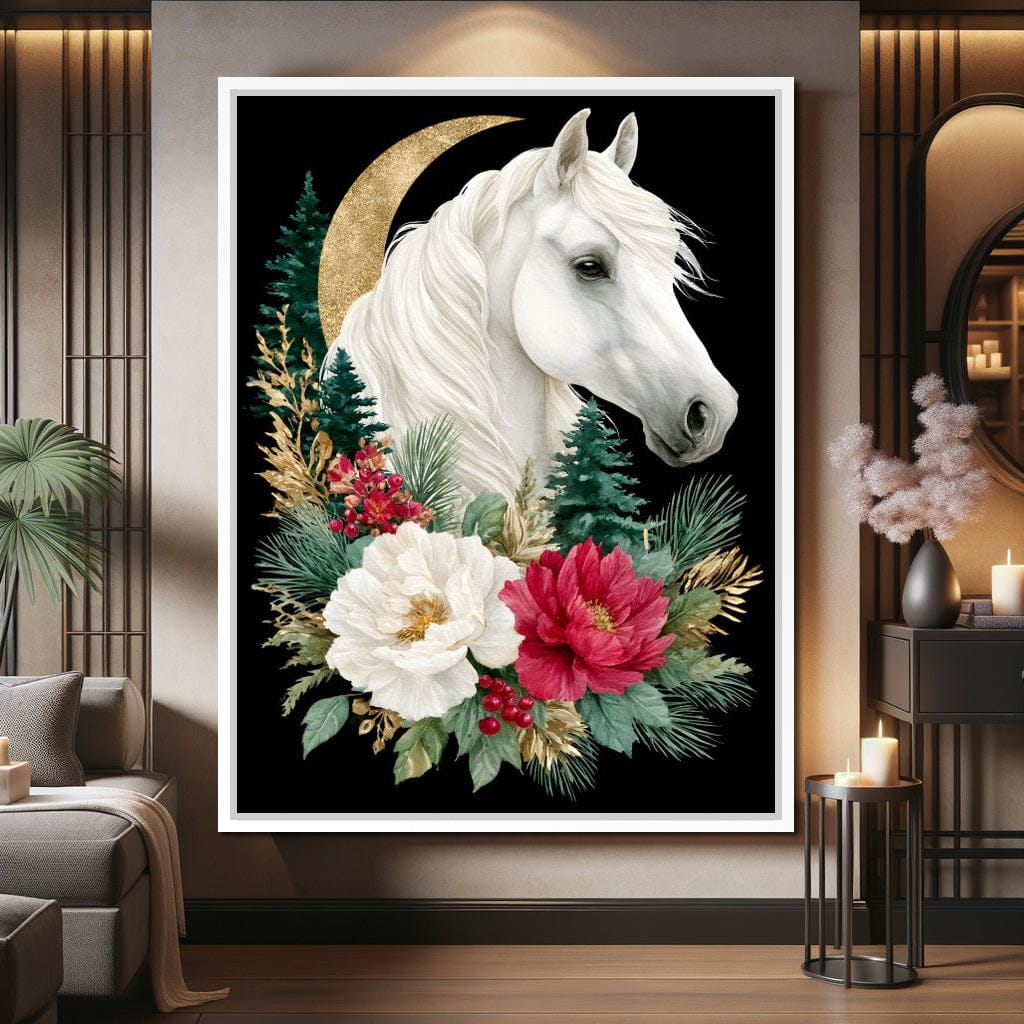 Moonlit Floral Gold White Horse Canvas Wall Art
