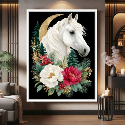Moonlit Floral Gold White Horse Canvas Wall Art