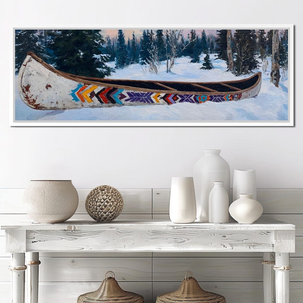 Painted Canoe Among Winter Pines Canvas Wall Art