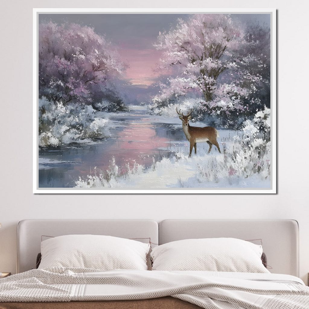 Winter River Deer Sunset Glow Canvas Wall Art