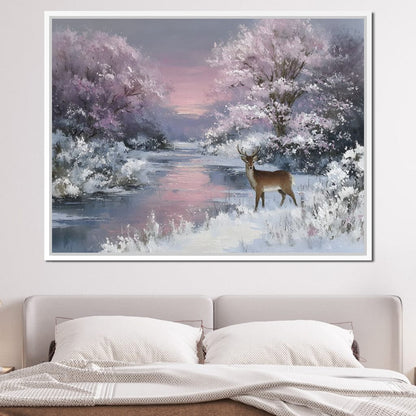Winter River Deer Sunset Glow Canvas Wall Art