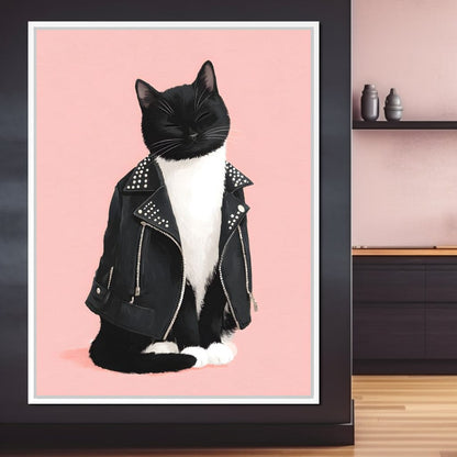 Biker Cat Attitude On Soft Pink Canvas Wall Art