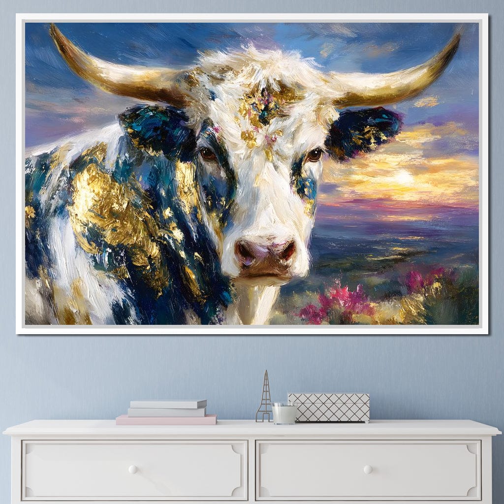 Golden Highland Cow Sunset Canvas Wall Art