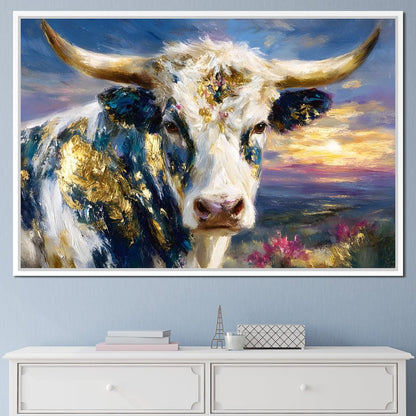 Golden Highland Cow Sunset Canvas Wall Art