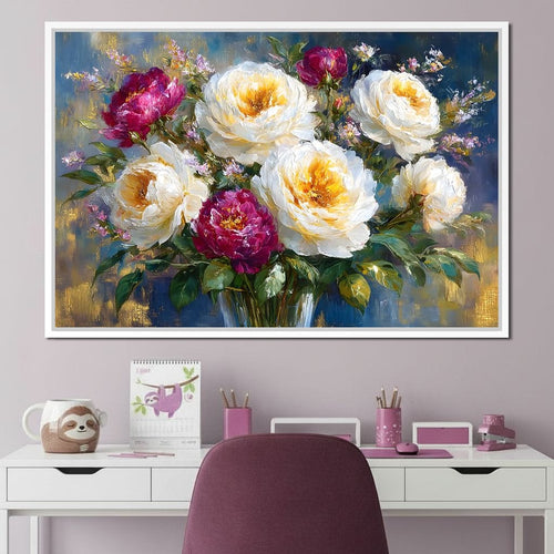 Golden Peonies on Blue Background Canvas Wall Art