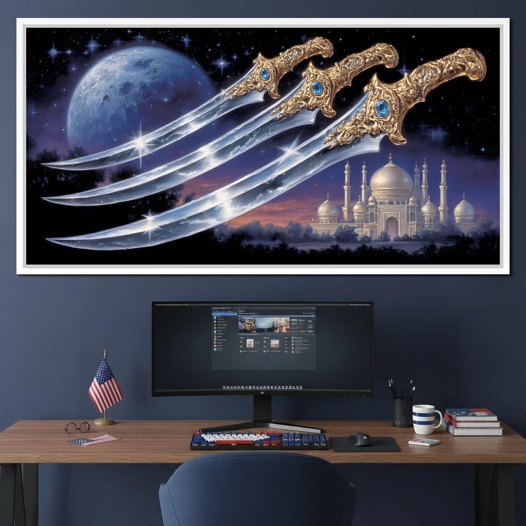 Moonlit Blades Over Golden Palace Canvas Wall Art