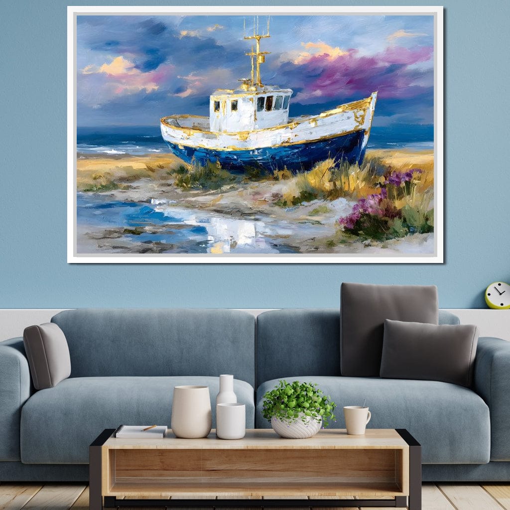 Coastal Boat Under Violet Sky Canvas Wall Art