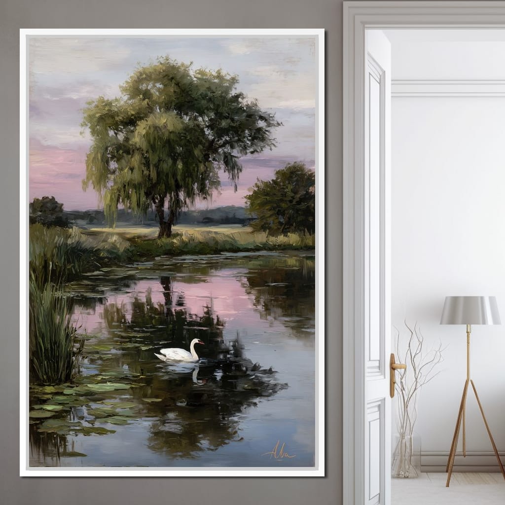 Swan Pond Willow Sunset Sky Canvas Wall Art