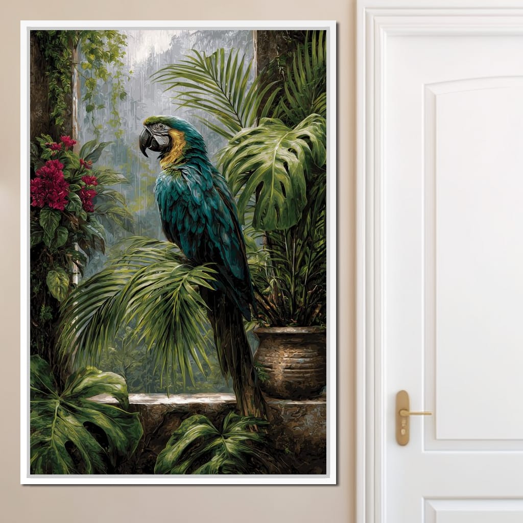 Rainforest Macaw Perch Scene Canvas Wall Art