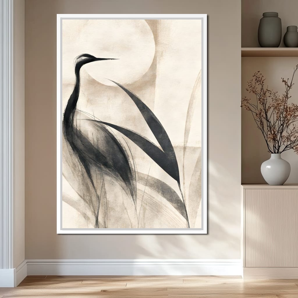 Lone Crane Watching The Pale Disc Canvas Wall Art