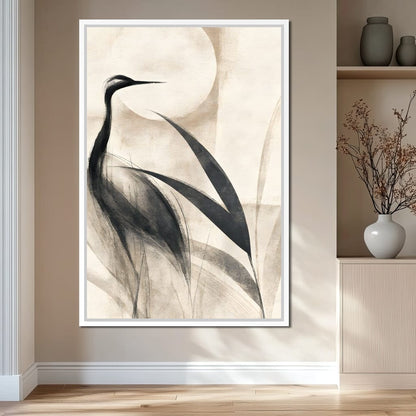 Lone Crane Watching The Pale Disc Canvas Wall Art