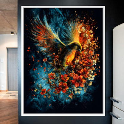 Flaming Phoenix Floral Burst Canvas Wall Art