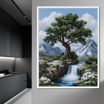 Majestic Tree Mountain Falls Canvas Wall Art