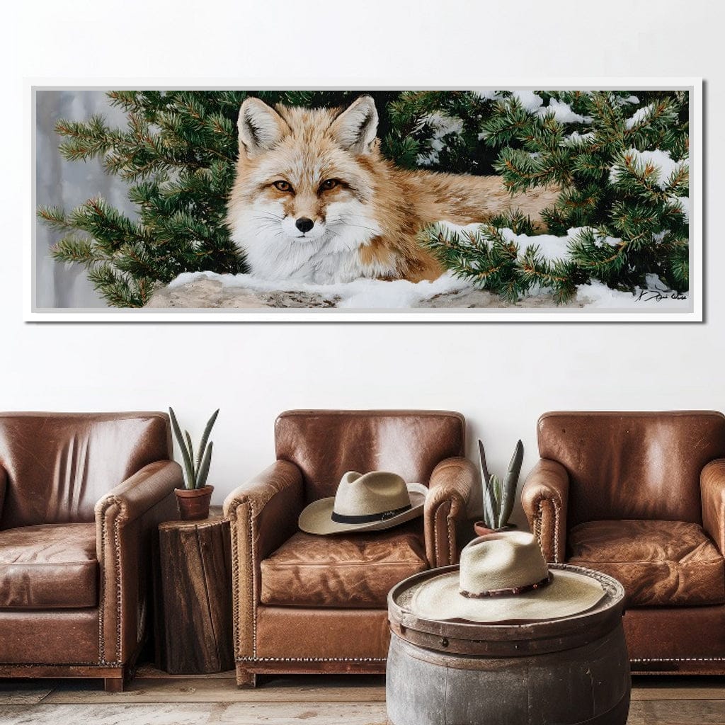 Winter Fox Under Pine Boughs Canvas Wall Art
