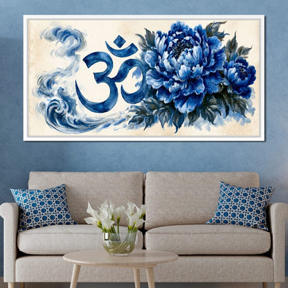 Om Blue Peony Meditation Mood Canvas Wall Art