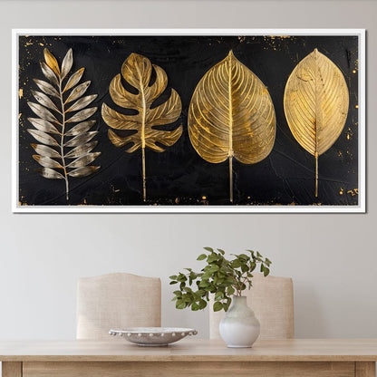 Golden Leaves on Black Background Canvas Wall Art