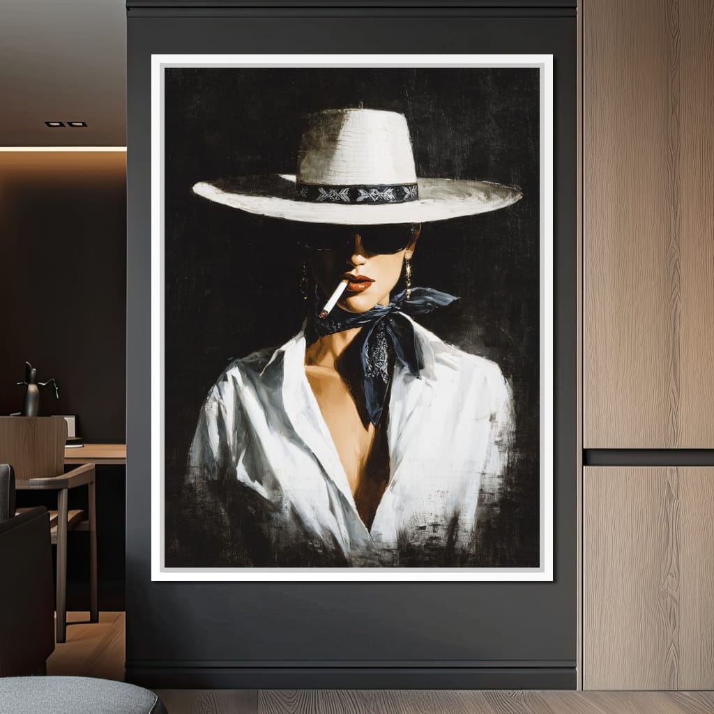 Noir Cowgirl Smoking Portrait Canvas Wall Art