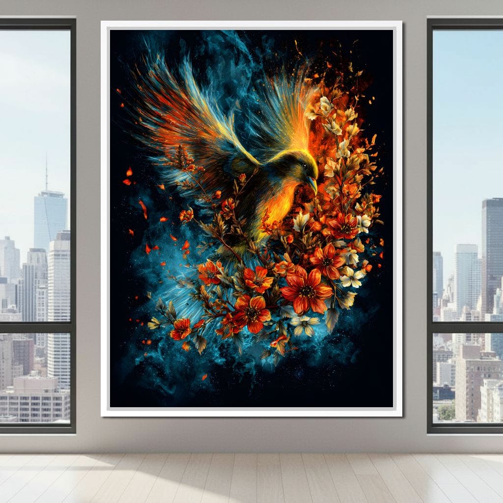 Flaming Phoenix Floral Burst Canvas Wall Art