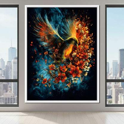 Flaming Phoenix Floral Burst Canvas Wall Art