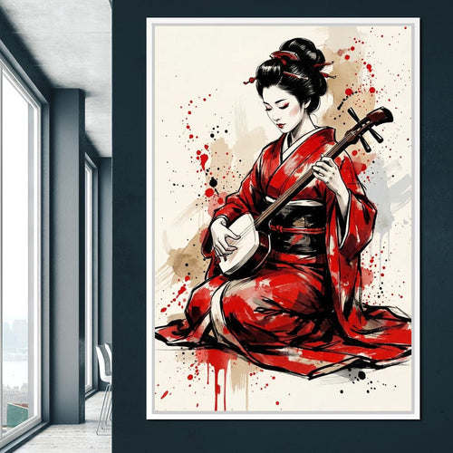 Japanese Woman with Shamisen Canvas Wall Art
