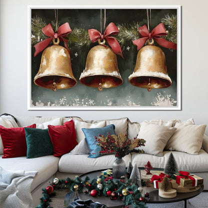 Snow Kissed Golden Holiday Bells Canvas Wall Art