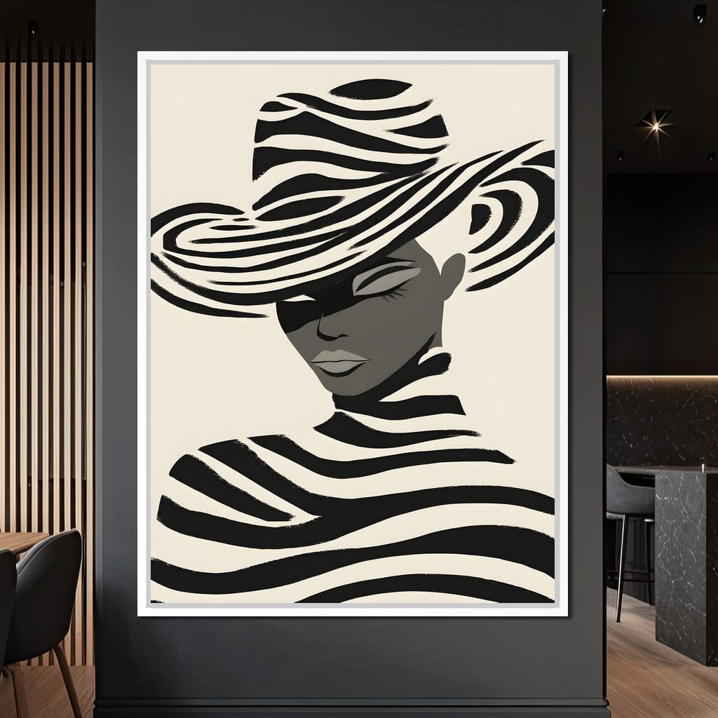 Monochrome Zebra Hat Lady Canvas Wall Art