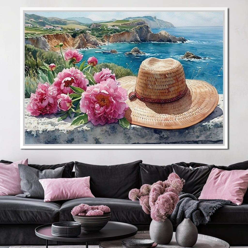 Seaside Blooms and Straw Hat Canvas Wall Art