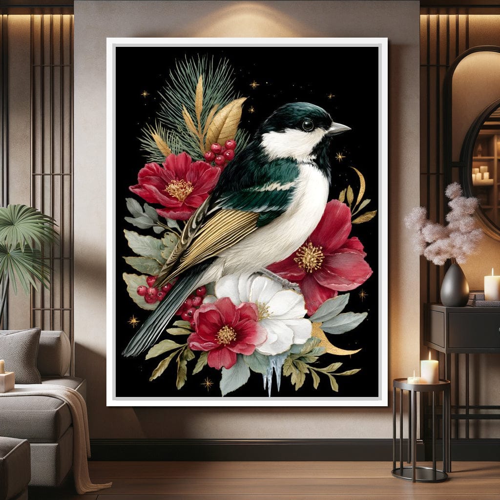 Moonlit Floral Gold Chickadee Canvas Wall Art