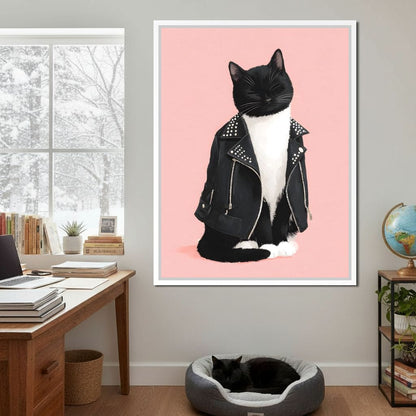 Biker Cat Attitude On Soft Pink Canvas Wall Art