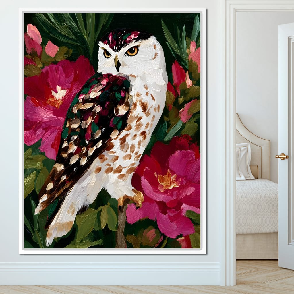 Owl Garden Bloom Portrait Canvas Wall Art