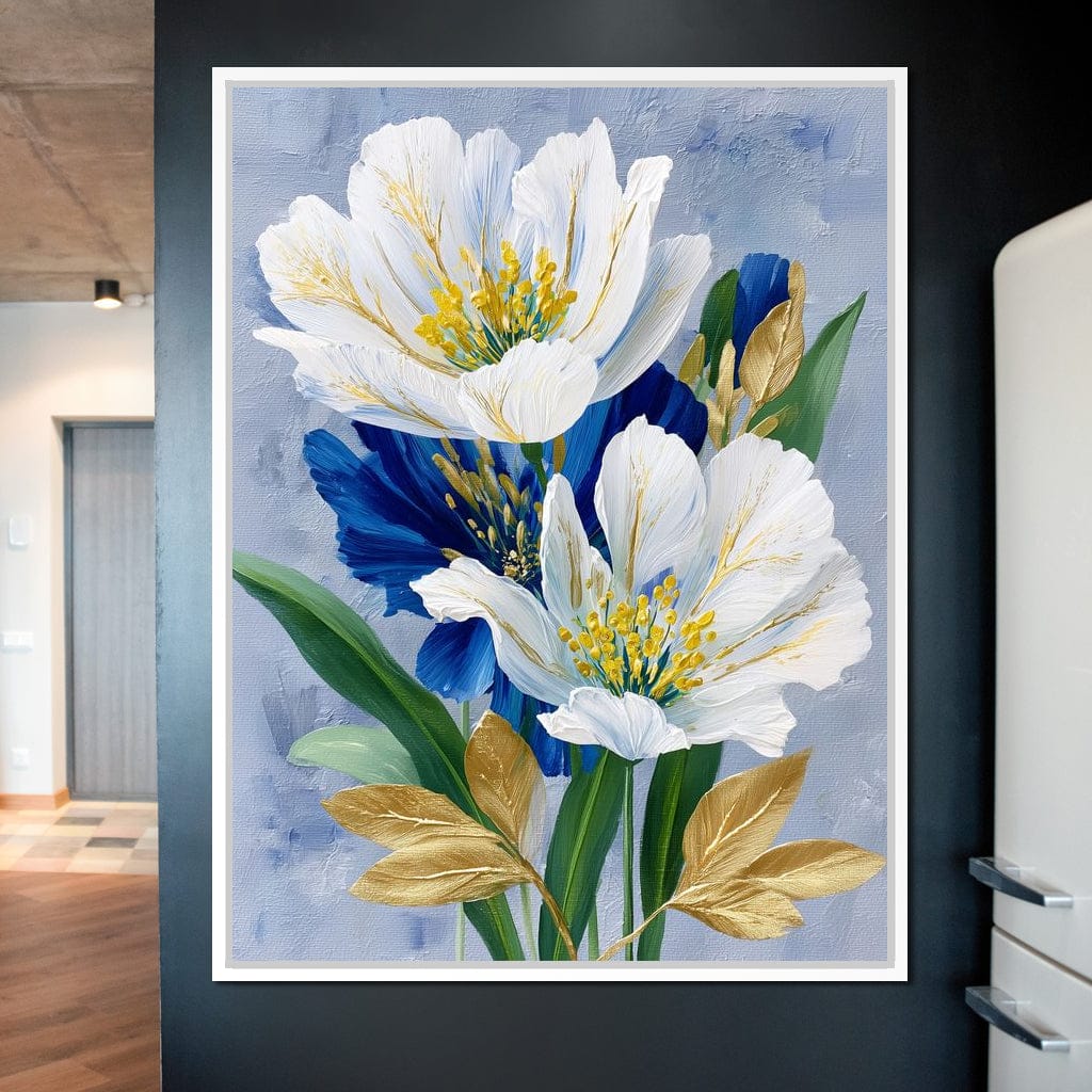 White Peony Blue Petals Gold Canvas Wall Art