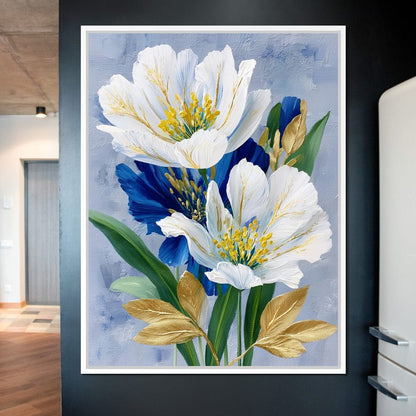 White Peony Blue Petals Gold Canvas Wall Art